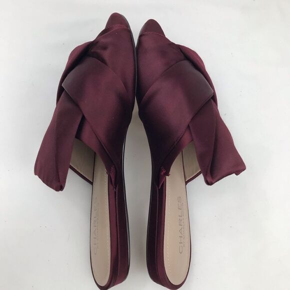 Charles David Burgundy Satin Wrap Knot Open Toe Slide Flats - Picture 8 of 14